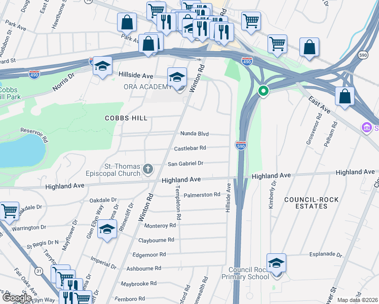 map of restaurants, bars, coffee shops, grocery stores, and more near 209 Castlebar Road in Rochester