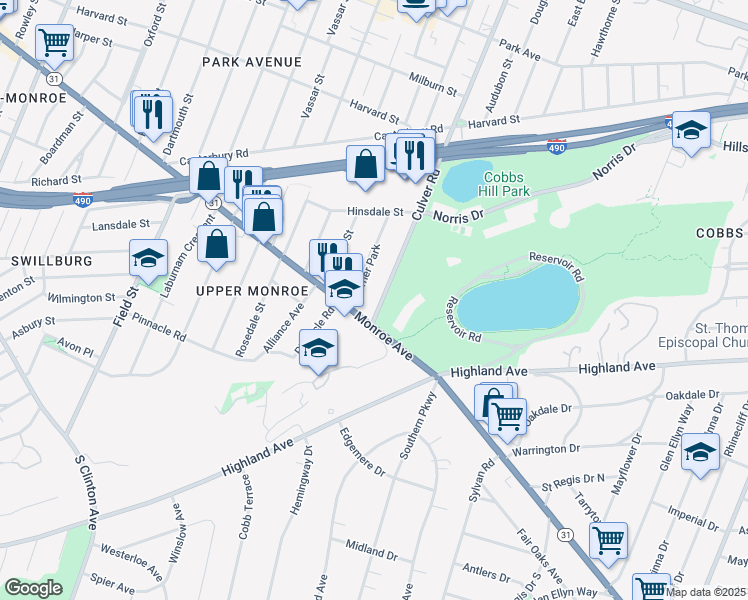 map of restaurants, bars, coffee shops, grocery stores, and more near 17 Culver Road in Rochester
