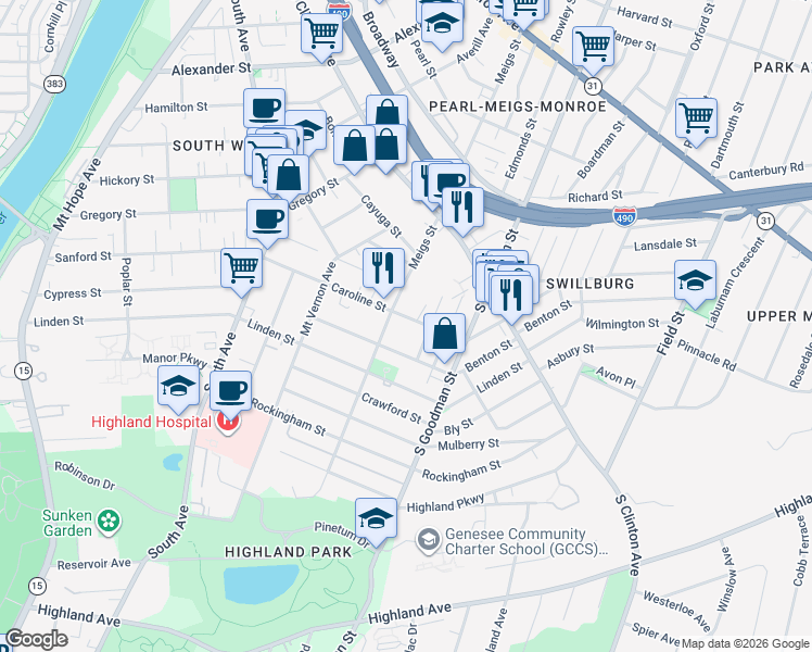 map of restaurants, bars, coffee shops, grocery stores, and more near 275 Caroline Street in Rochester