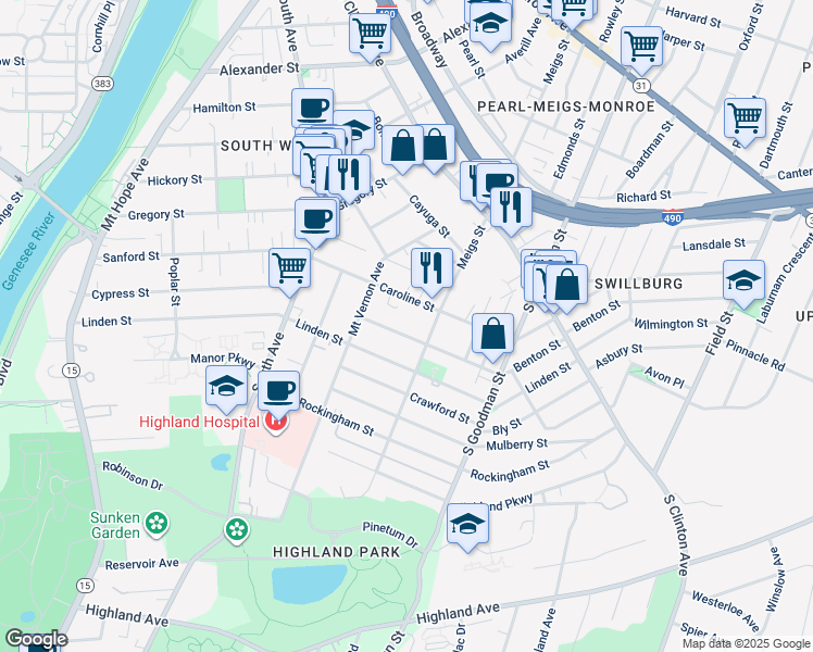 map of restaurants, bars, coffee shops, grocery stores, and more near 72 Benton Street in Rochester