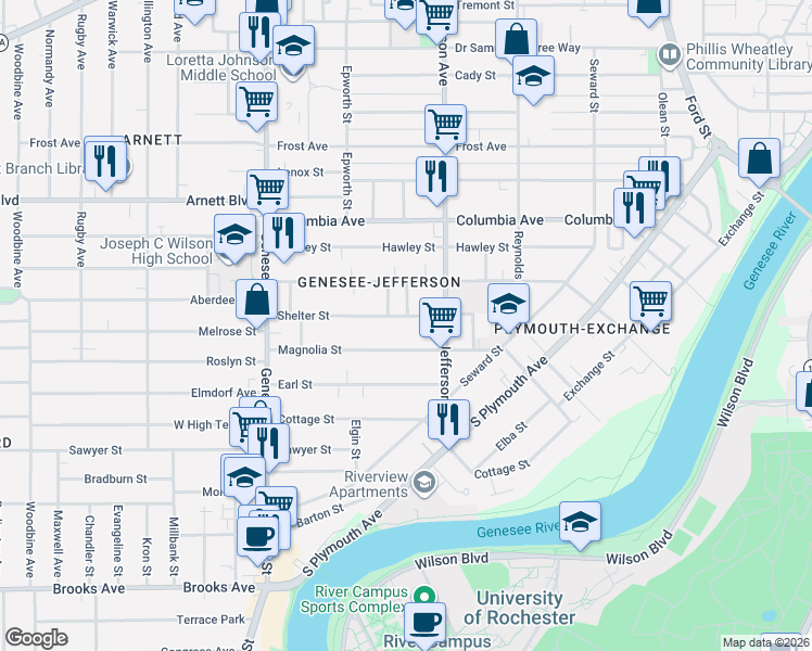 map of restaurants, bars, coffee shops, grocery stores, and more near 67 Shelter Street in Rochester