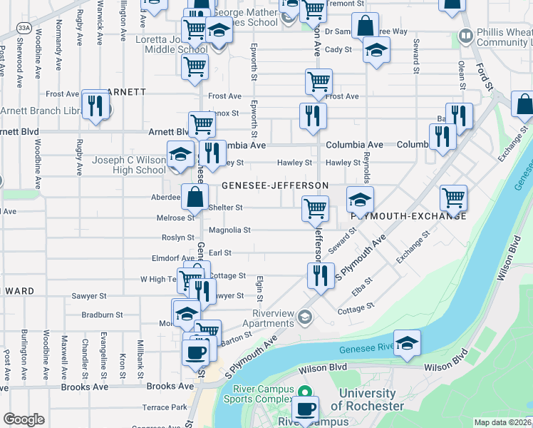 map of restaurants, bars, coffee shops, grocery stores, and more near 119 Shelter Street in Rochester
