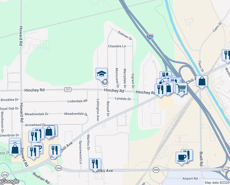 map of restaurants, bars, coffee shops, grocery stores, and more near 231 Hinchey Road in Rochester