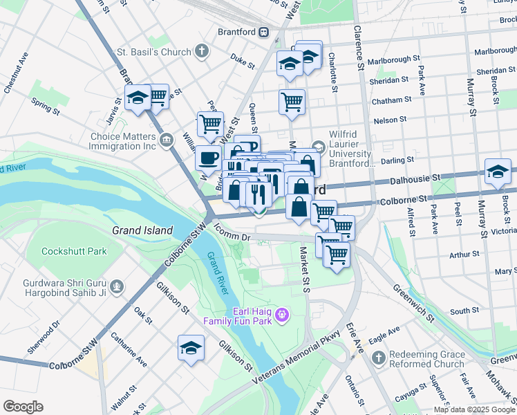 map of restaurants, bars, coffee shops, grocery stores, and more near in Brantford