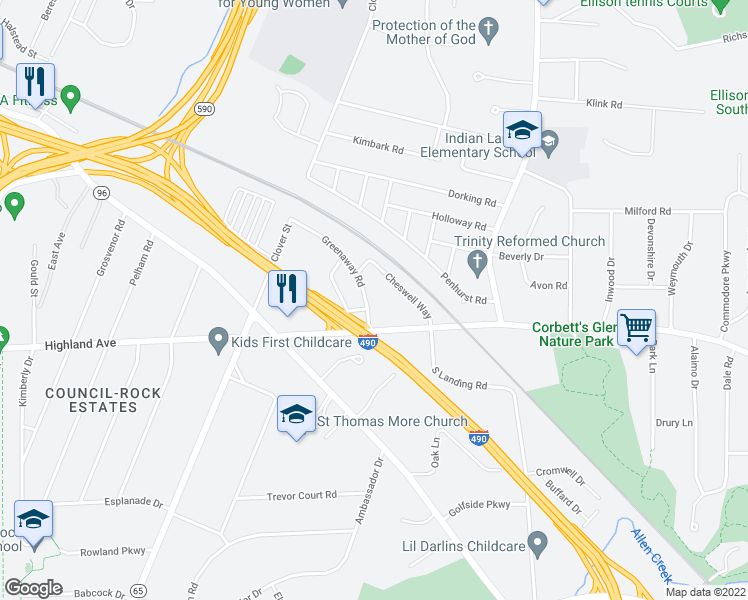 map of restaurants, bars, coffee shops, grocery stores, and more near 176 Greenaway Road in Rochester