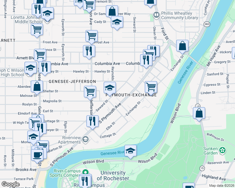 map of restaurants, bars, coffee shops, grocery stores, and more near 35 Fuller Place in Rochester