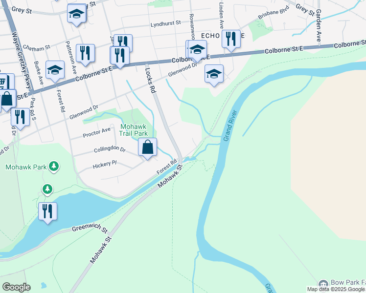 map of restaurants, bars, coffee shops, grocery stores, and more near 91 Locks Road in Brantford
