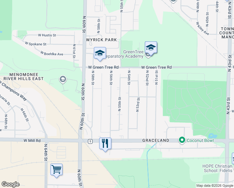 map of restaurants, bars, coffee shops, grocery stores, and more near 6643 North 55th Street in Milwaukee