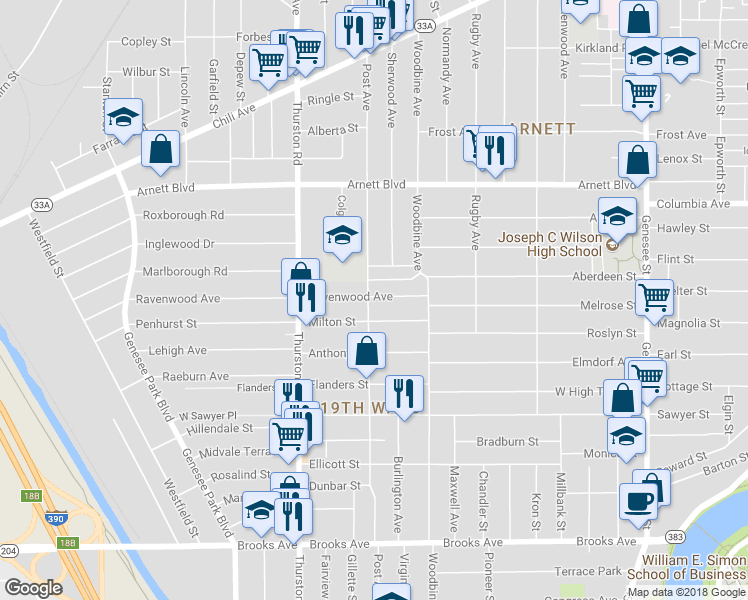 map of restaurants, bars, coffee shops, grocery stores, and more near 372 Post Avenue in Rochester