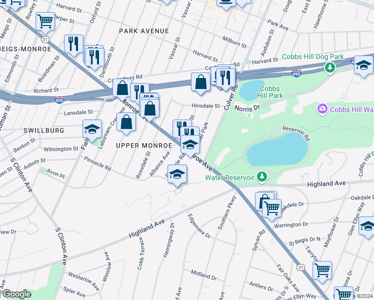 map of restaurants, bars, coffee shops, grocery stores, and more near Monroe Avenue & Pinnacle Road in Rochester