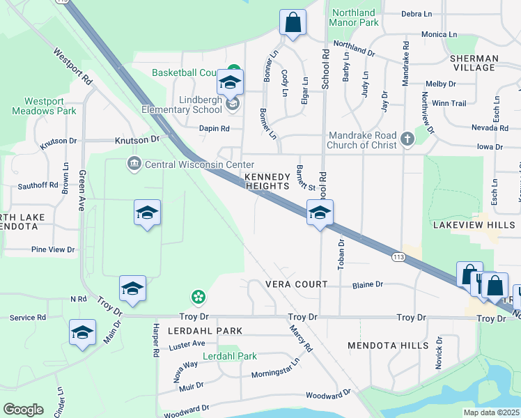 map of restaurants, bars, coffee shops, grocery stores, and more near 9 Northridge Terrace in Madison