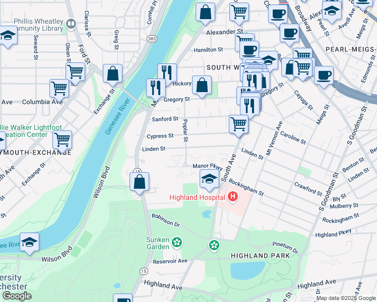map of restaurants, bars, coffee shops, grocery stores, and more near 145 Linden Street in Rochester