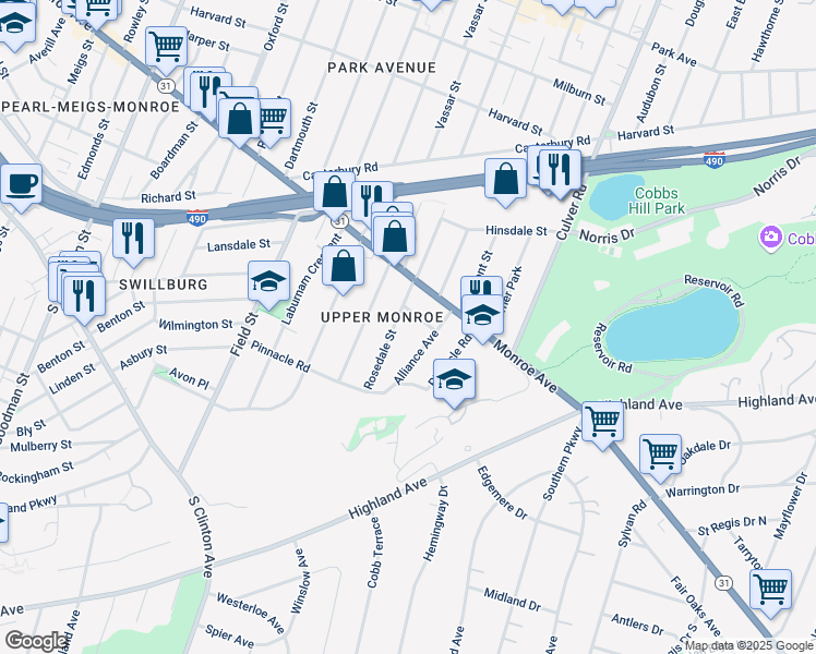 map of restaurants, bars, coffee shops, grocery stores, and more near 116 Rosedale Street in Rochester
