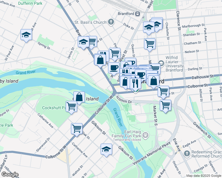 map of restaurants, bars, coffee shops, grocery stores, and more near 6 Brant Avenue in Brantford