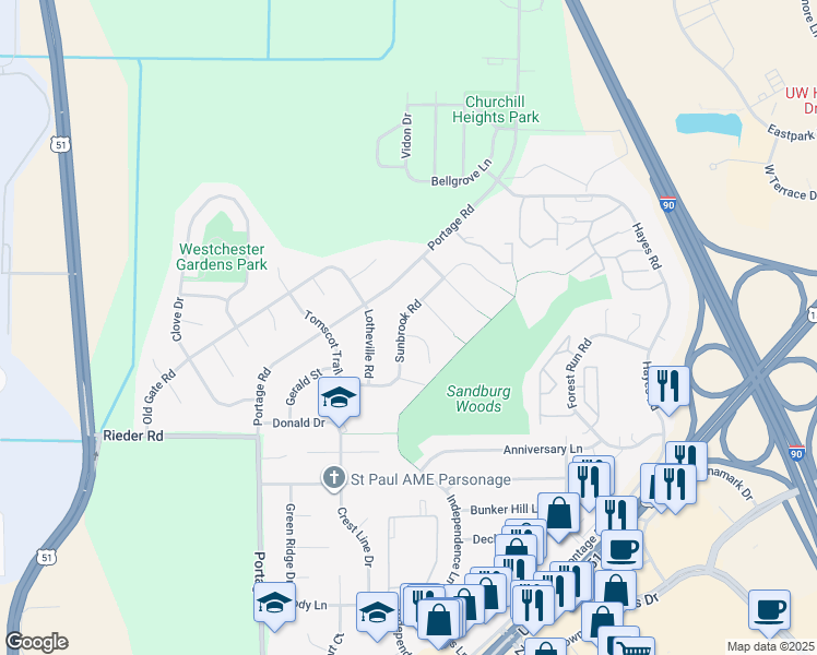 map of restaurants, bars, coffee shops, grocery stores, and more near 4502 Surrey Circle in Madison