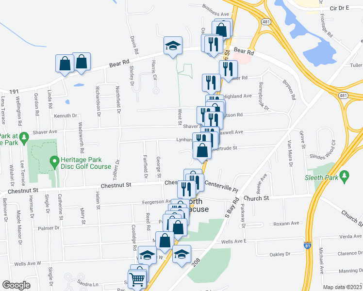 map of restaurants, bars, coffee shops, grocery stores, and more near 119-121 Lynhurst Avenue in North Syracuse