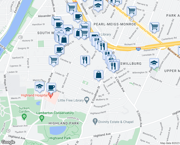 map of restaurants, bars, coffee shops, grocery stores, and more near 275 Caroline Street in Rochester