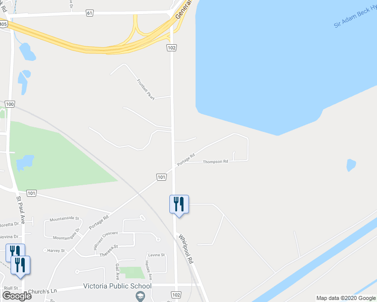 map of restaurants, bars, coffee shops, grocery stores, and more near 2263 Portage Road in Niagara Falls