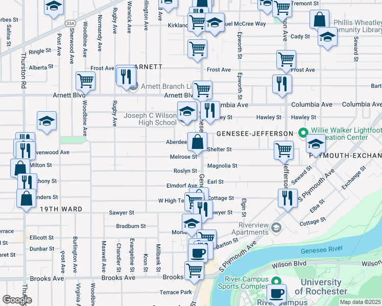 map of restaurants, bars, coffee shops, grocery stores, and more near 30 Melrose Street in Rochester