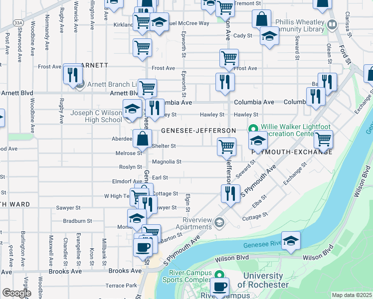 map of restaurants, bars, coffee shops, grocery stores, and more near 123 Shelter Street in Rochester