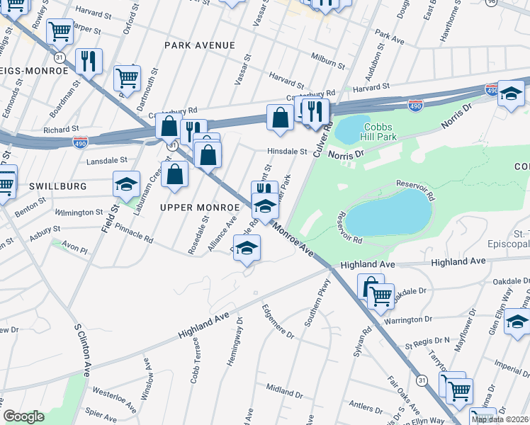 map of restaurants, bars, coffee shops, grocery stores, and more near 1119 Monroe Avenue in Rochester