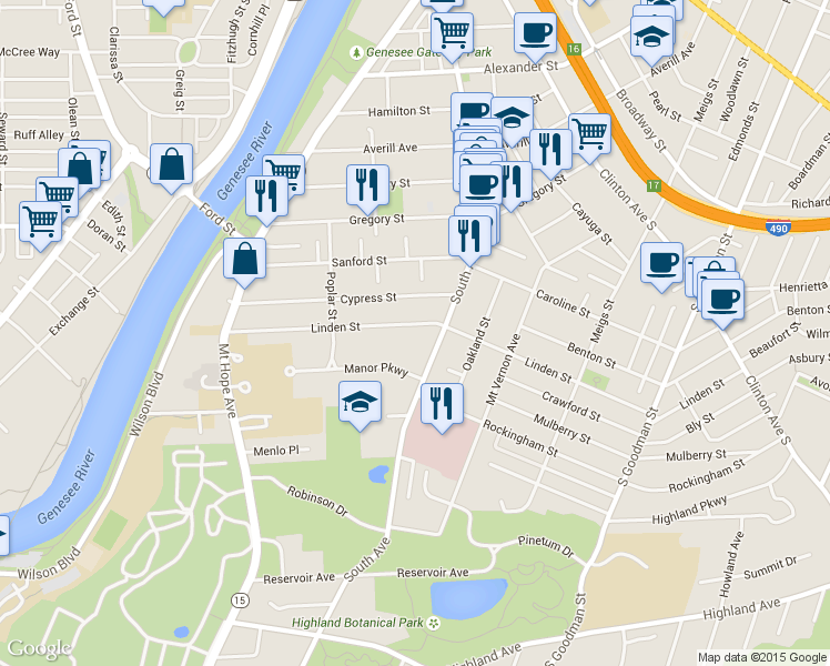 map of restaurants, bars, coffee shops, grocery stores, and more near 247 Linden Street in Rochester