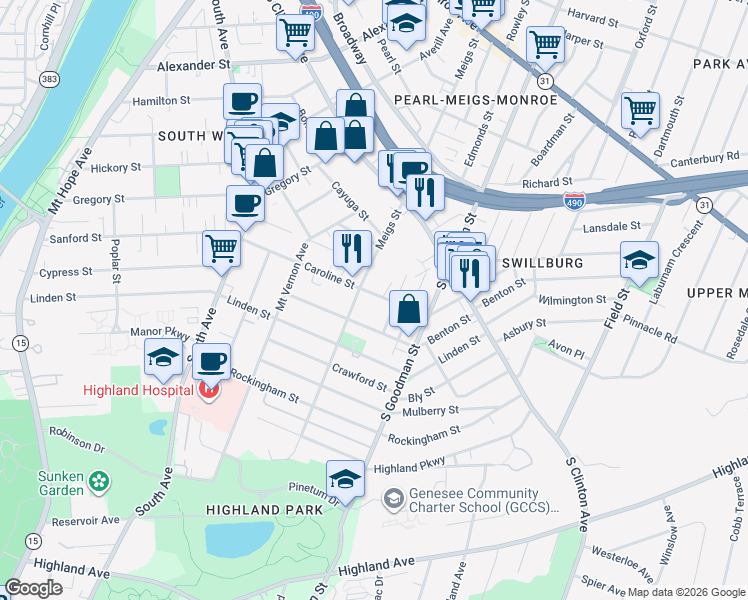map of restaurants, bars, coffee shops, grocery stores, and more near 275 Caroline Street in Rochester