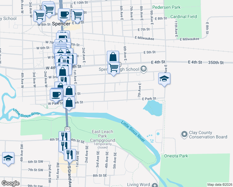 map of restaurants, bars, coffee shops, grocery stores, and more near 500 East 1st Street in Spencer