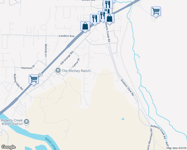 map of restaurants, bars, coffee shops, grocery stores, and more near 135 Cloudcrest Court in Roseburg