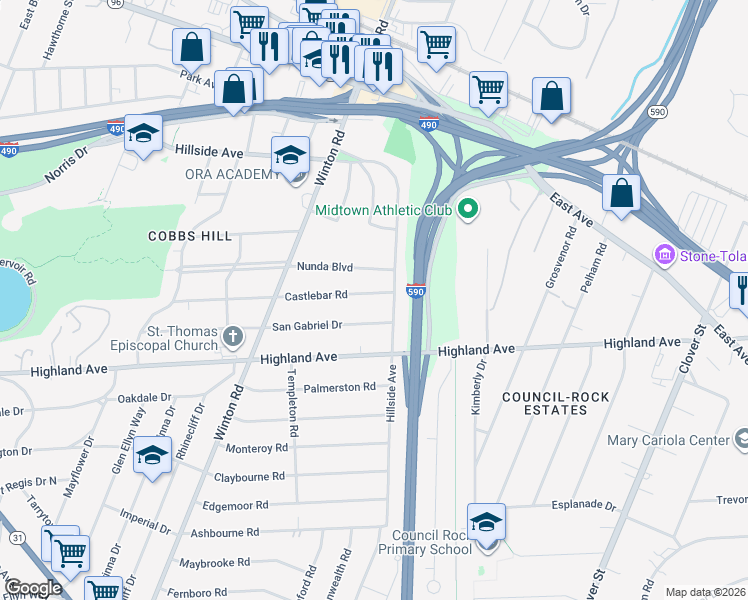 map of restaurants, bars, coffee shops, grocery stores, and more near 311 Castlebar Road in Rochester