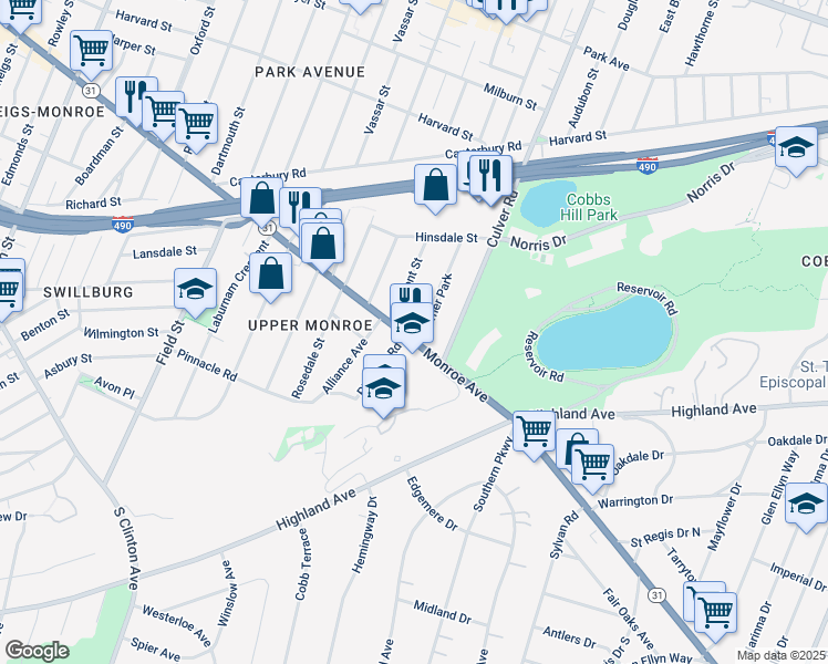 map of restaurants, bars, coffee shops, grocery stores, and more near 1119 Monroe Avenue in Rochester
