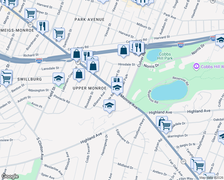 map of restaurants, bars, coffee shops, grocery stores, and more near 1119 Monroe Avenue in Rochester