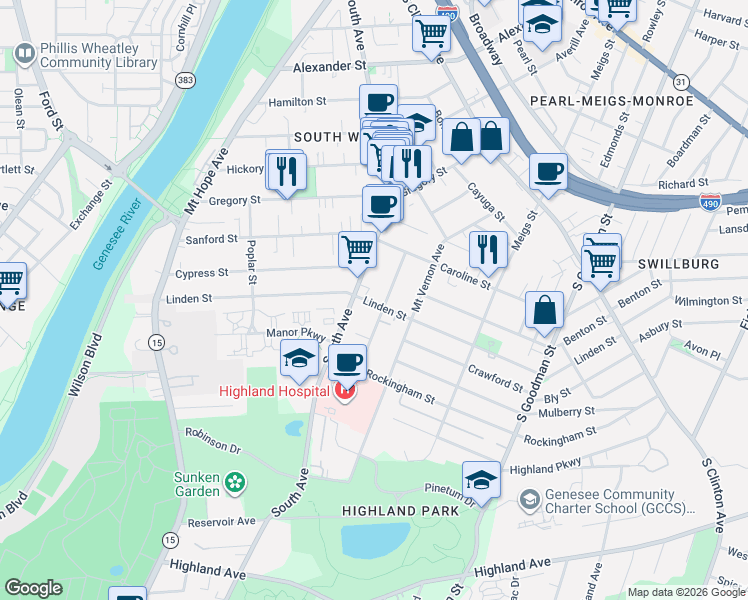 map of restaurants, bars, coffee shops, grocery stores, and more near 311 Linden Street in Rochester