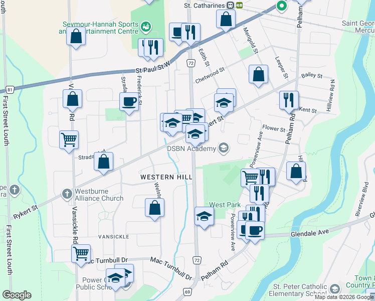 map of restaurants, bars, coffee shops, grocery stores, and more near 125 Louth Street in St. Catharines