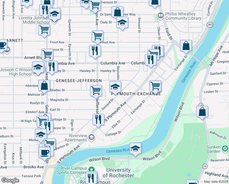 map of restaurants, bars, coffee shops, grocery stores, and more near 465 Seward Street in Rochester