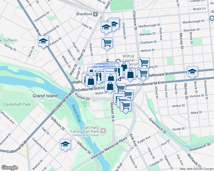 map of restaurants, bars, coffee shops, grocery stores, and more near 160 Colborne Street in Brantford