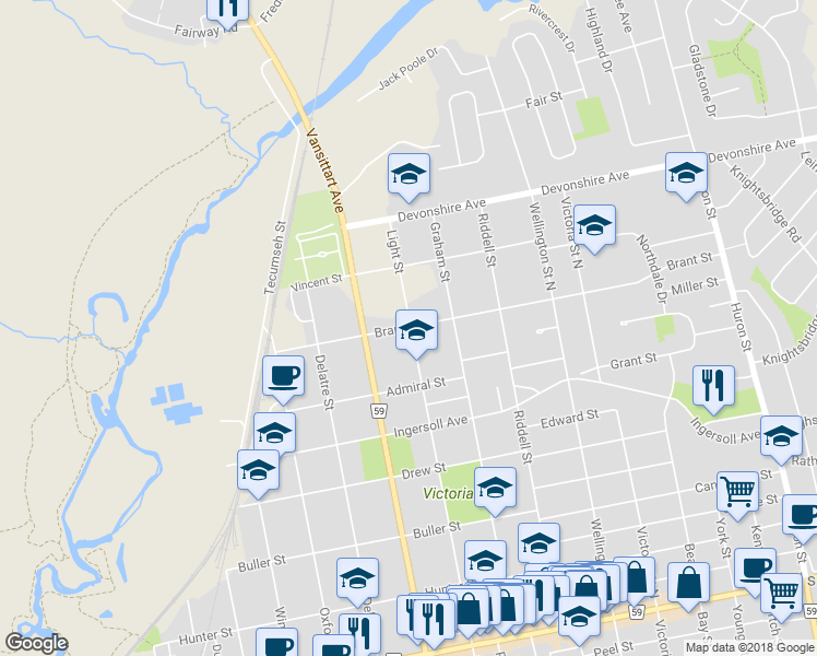 map of restaurants, bars, coffee shops, grocery stores, and more near 388 Brant Street in Woodstock