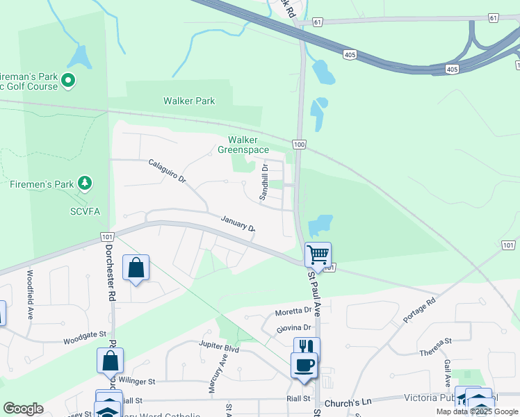map of restaurants, bars, coffee shops, grocery stores, and more near 6322 Pinestone Road in Niagara Falls