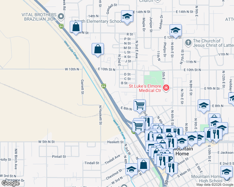 map of restaurants, bars, coffee shops, grocery stores, and more near 875 2 Desert Manor Court in Mountain Home