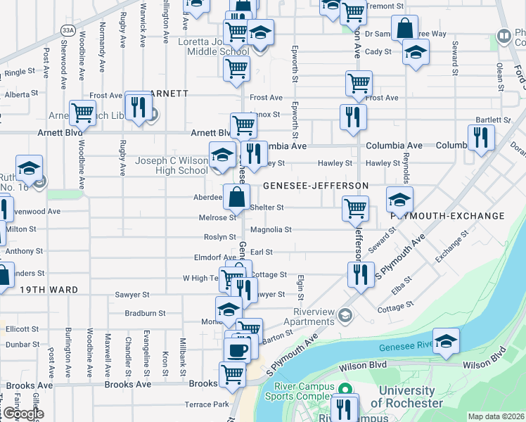 map of restaurants, bars, coffee shops, grocery stores, and more near 201 Shelter Street in Rochester