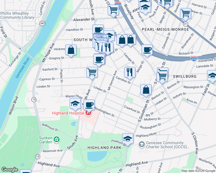 map of restaurants, bars, coffee shops, grocery stores, and more near 358 Linden Street in Rochester