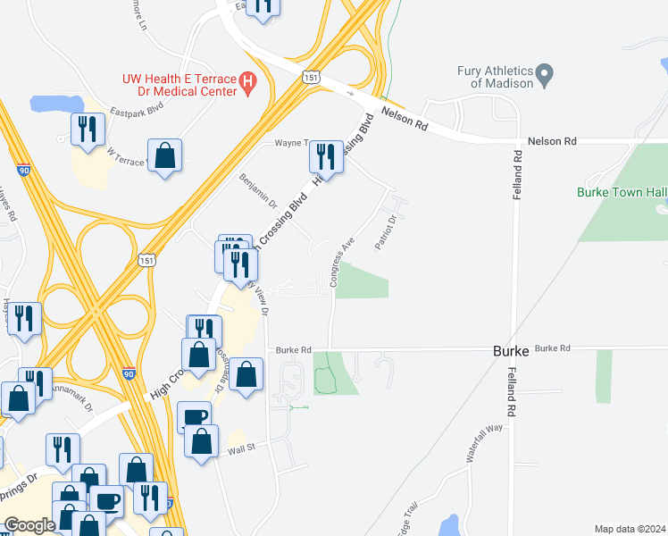 map of restaurants, bars, coffee shops, grocery stores, and more near 5322 Congress Avenue in Madison