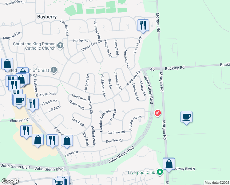 map of restaurants, bars, coffee shops, grocery stores, and more near 15 Blueberry Road in Liverpool