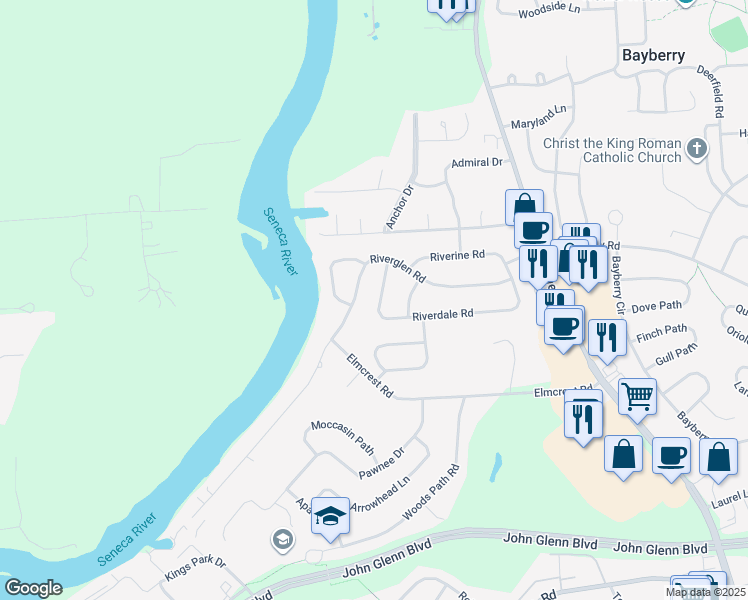 map of restaurants, bars, coffee shops, grocery stores, and more near 204 Riverdale Road in Liverpool