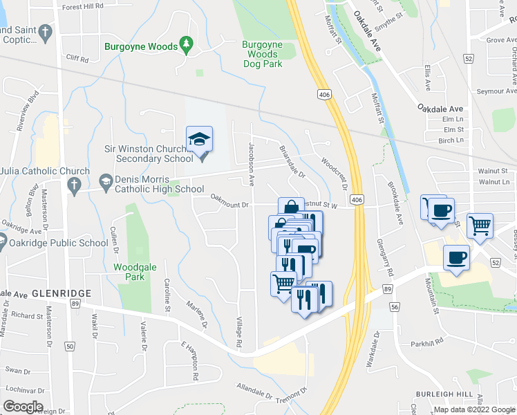 map of restaurants, bars, coffee shops, grocery stores, and more near 59 Jacobson Avenue in St. Catharines