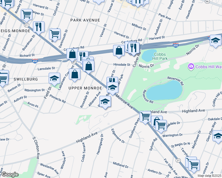 map of restaurants, bars, coffee shops, grocery stores, and more near 1119 Monroe Avenue in Rochester