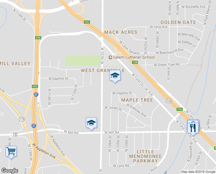 map of restaurants, bars, coffee shops, grocery stores, and more near 6644 North 107th Street in Milwaukee