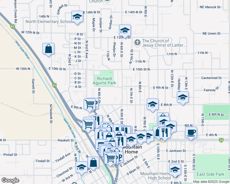 map of restaurants, bars, coffee shops, grocery stores, and more near 895 North 6th East Street in Mountain Home