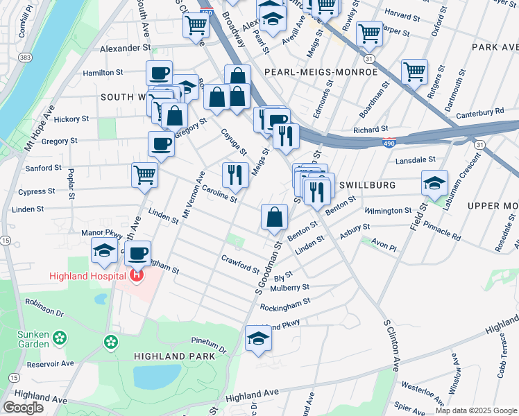 map of restaurants, bars, coffee shops, grocery stores, and more near 330 Caroline Street in Rochester