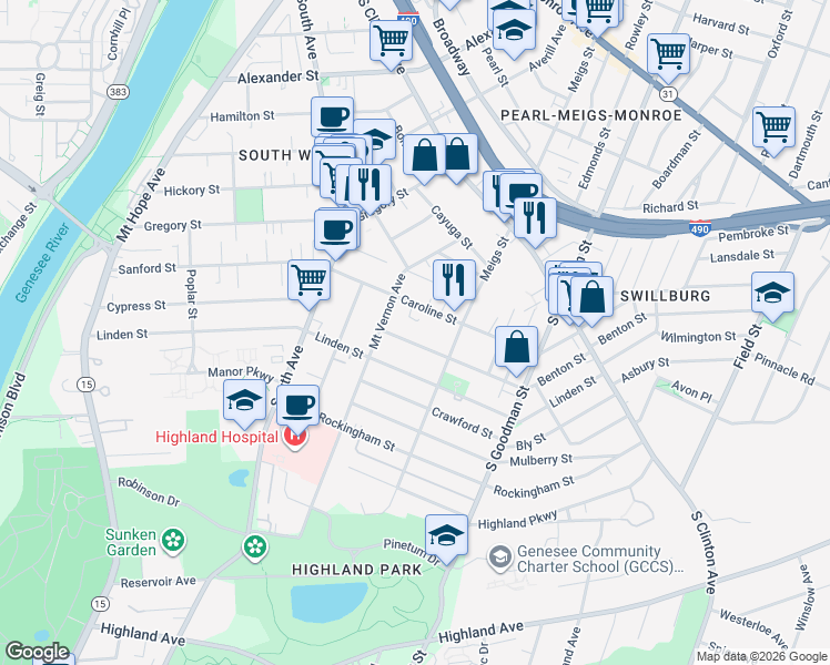 map of restaurants, bars, coffee shops, grocery stores, and more near 72 Benton Street in Rochester